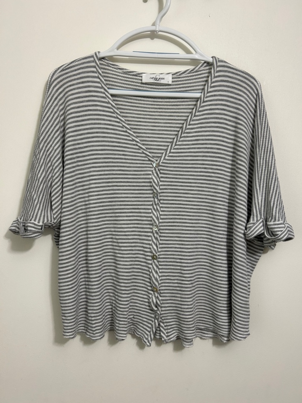 Carly Jean Los Angeles Gray and White Striped Button-Front Top